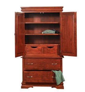 Dark wooden Armiore with open doors and two open drawers with clothes inside