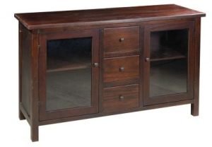 Dark wooden media console with three drawer and glass cabenits