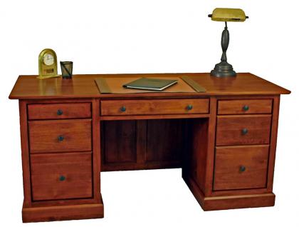 Solid wooden study desk with 7 drawers, a lamp, clock, and notebook on top
