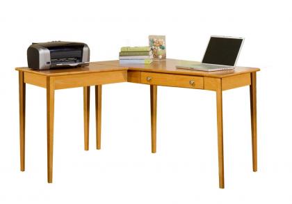 Wooden corner desk with tall thin legs, a printer, laptop, and stack of books sitting on top