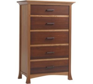 two toned tall 5 drawer dresser with dark wooden drawers and light wooden base