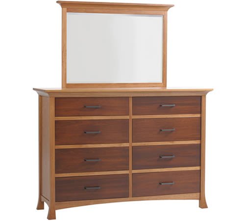 two toned 8 drawer dresser with light wood frame and attached mirror and dark wooden drawers