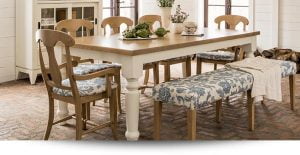 Canadel dining table set with chairs and floral cushioned bench