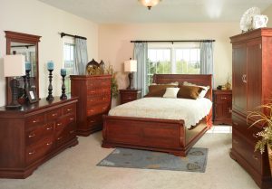 Complete Yutzy bedroom set with bed frame, night stands, wardrobe, dresser with mirror, and tall dresser