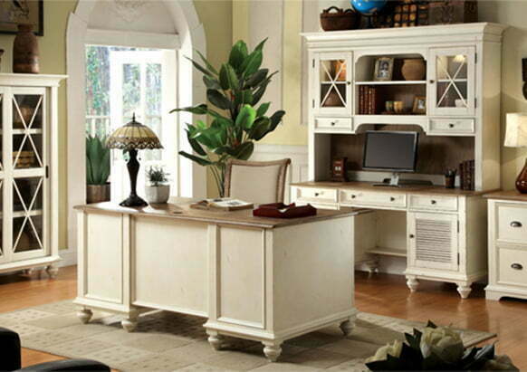 Home office complete furniture set with white wooden base and dark wood tops