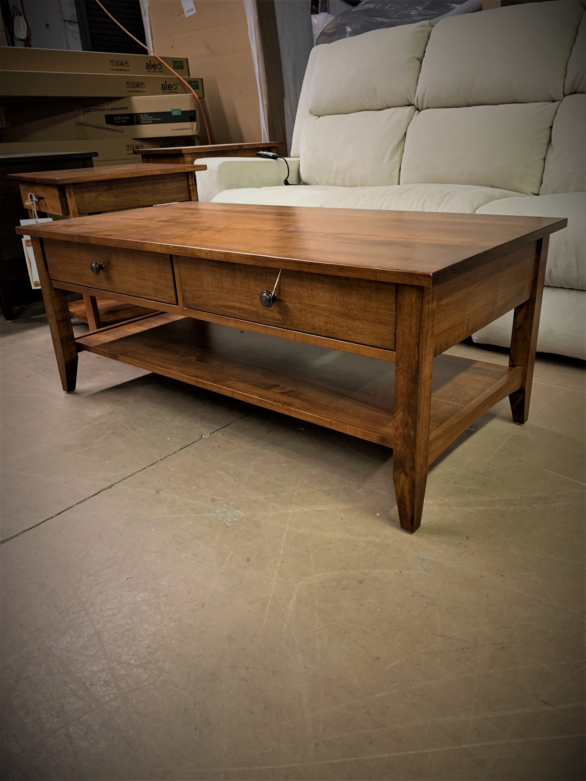solid maple coffee table with 2 side drawers
