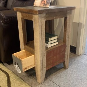 small wooden side table with open drawer