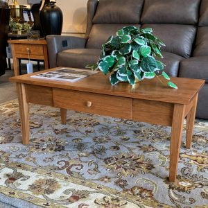 simple wooded coffee table with a plant on top of blue and yellow rug