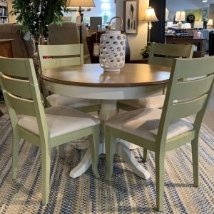 green 4 seat white round table Canadel dining set
