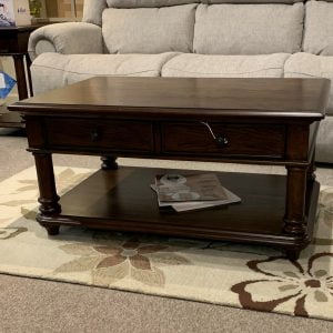 dark wood low coffee table with storage space beneath