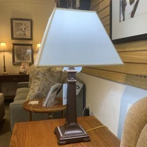 brown table side lamp with white lampshade