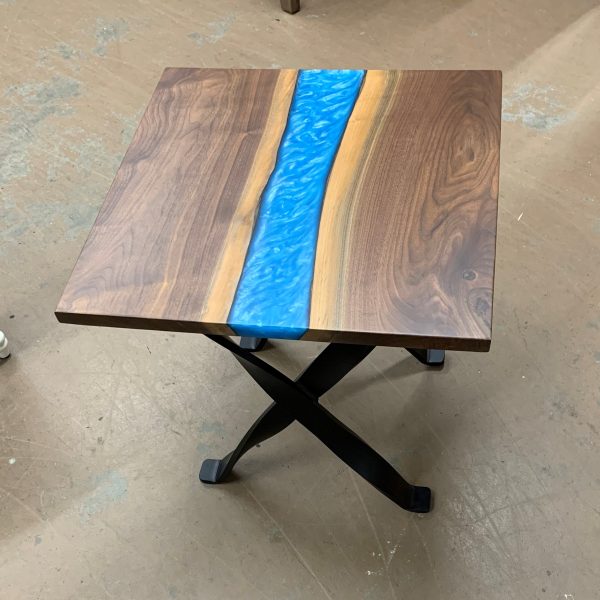 brown wooden square accent table with blue resin deisgn down the center