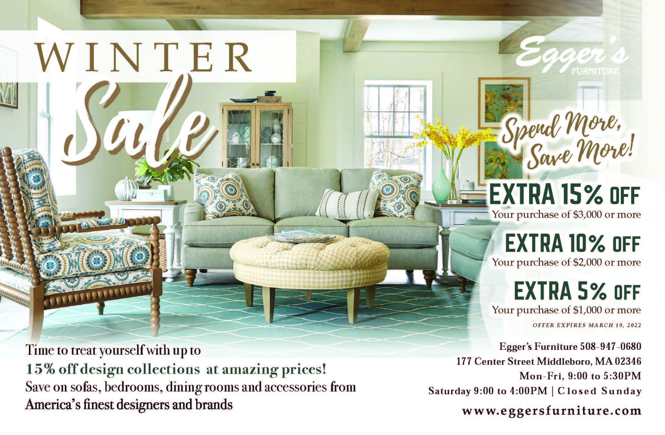 Winter sale ad with discount pricing and picture of living room set