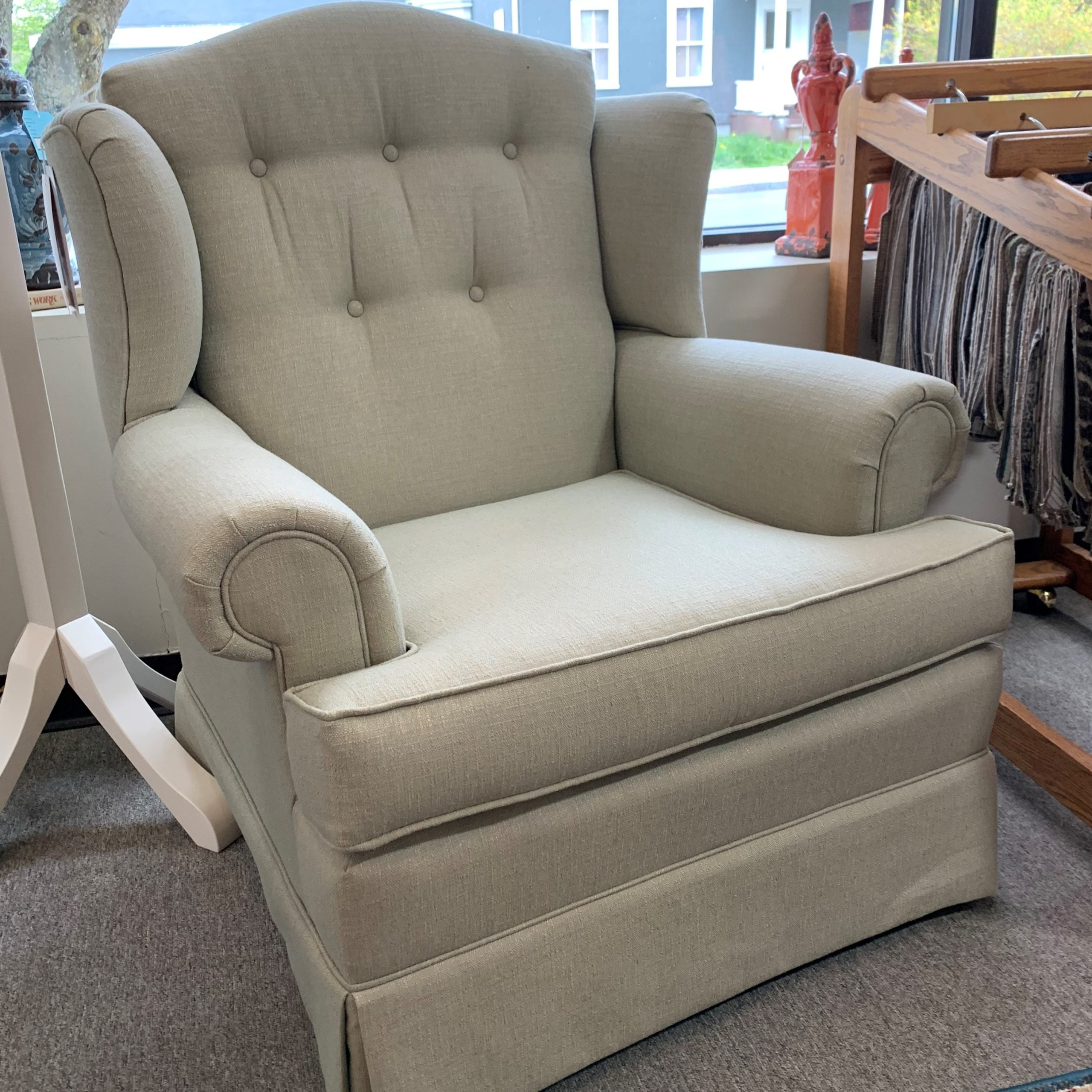 #3801 Colonial Wing Chair, Light green tweed covering, quality built in ...