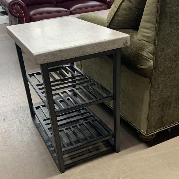 ceramic side table with black metal legs and 2 shelves