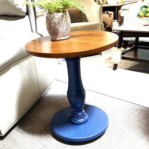 wooden side table with blue base