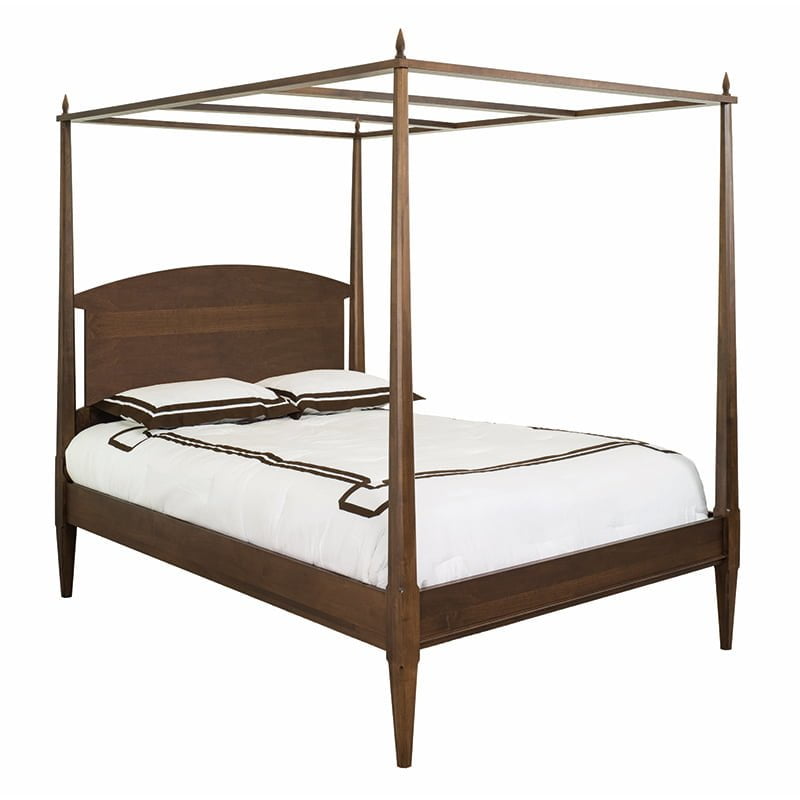 Light wooden bed Frame with beige and red comforter