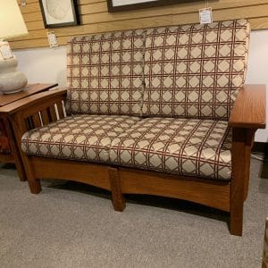#185 Arts & Crafts Loveseat, Solid Oak & decorator cover, Amish built by Elm Crest